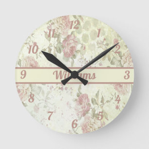 Horloge Ronde Monogramme Shabby Chic Rose Vert Rose Floral