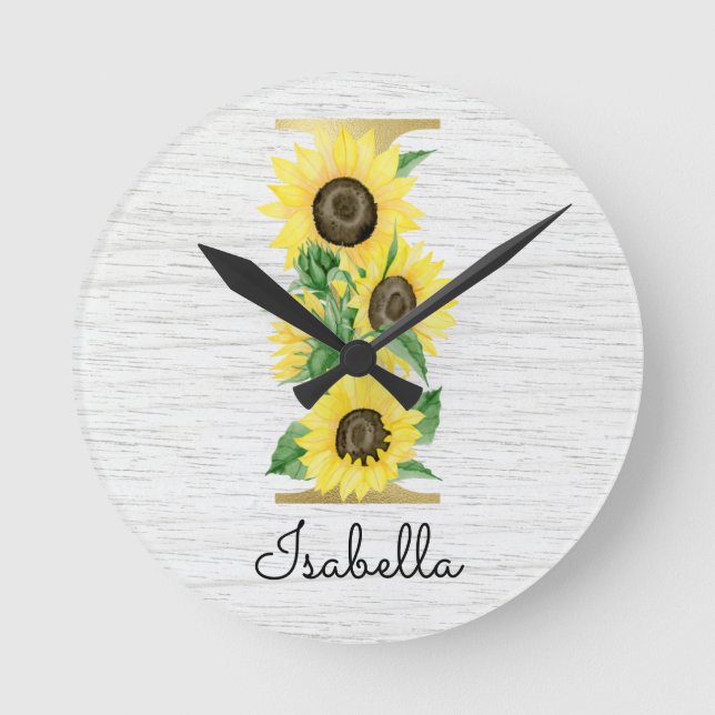 Horloge Ronde Monogramme Tournesol Doré Initiale I Féminin Flora (Recto)