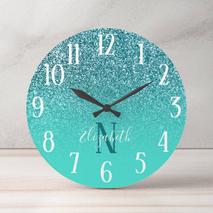 Horloge Ronde Monogramme Turquoise et Ombre Parties scintillant