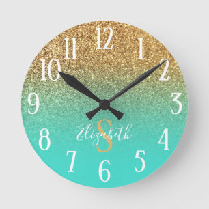 Horloge Ronde Monogramme Turquoise et or Parties scintillant Omb