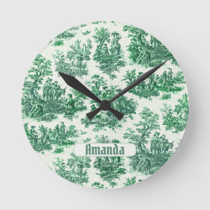 Horloge Ronde monogramme vintage fleuri vert toile jouy
