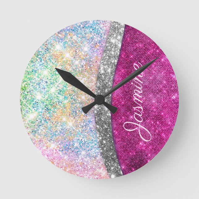 Horloge Ronde Monographie de parties scintillant en argent rose  (Recto)