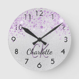 Horloge Ronde Monographie étincelante en argent Lavender