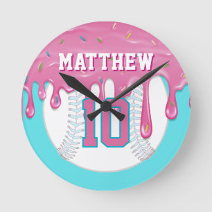 Horloge Ronde Montre Baseball Drip Rose et Bleu