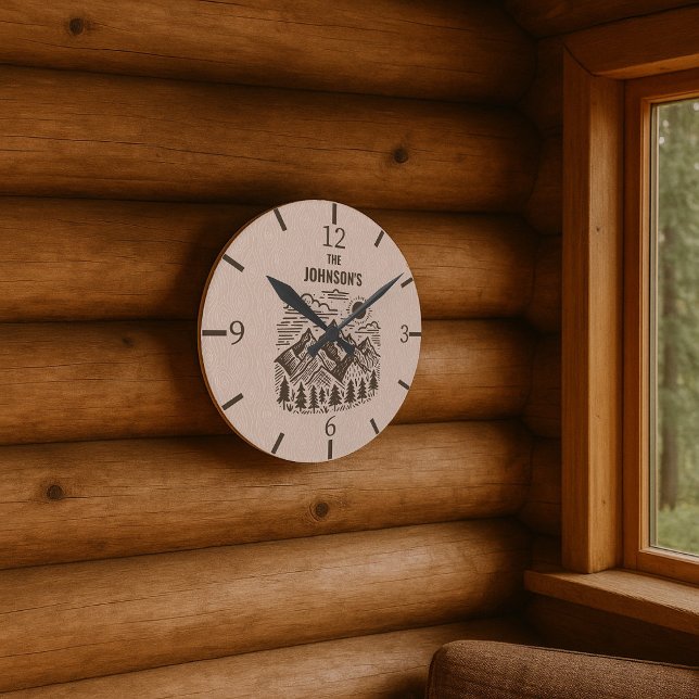Horloge Ronde Monts modernes Rustiques Personnalisés (Rustic Modern Mountain Round Clock Great for the Cabin!)