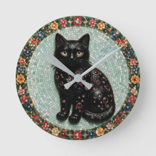 Horloge Ronde Mosaïque de chat noir de style antique