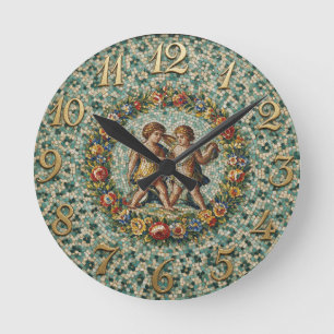 Horloge Ronde Mosaïque florale de style antique Zodiaque Gémeaux
