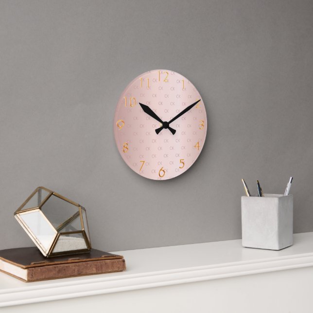 Horloge Ronde Mosaïque or rose initiales monogramme élégant (Bureau)