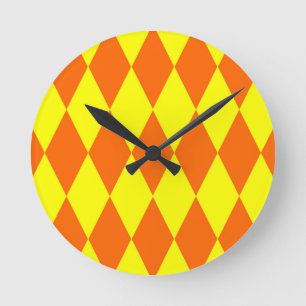 Horloge Ronde Motif à carreaux Harlequin jaune orange 
