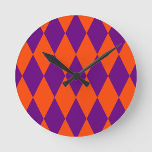 Horloge Ronde Motif à carreaux Harlequin orange et violet 