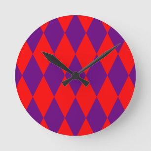 Horloge Ronde Motif à carreaux Harlequin rouge et violet 