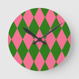 Horloge Ronde Motif à carreaux Harlequin vert rose 
