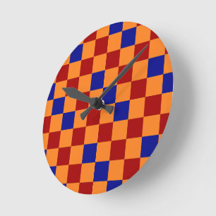 Horloge Ronde Motif à carreaux rouge orange bleu