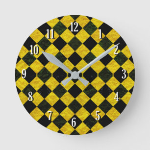 Horloge Ronde Motif à damiers noir et jaune