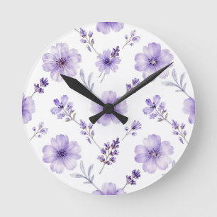 Horloge Ronde Motif aquarelle de fleurs de lin pourpre lavande