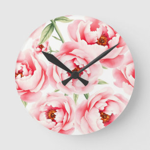 Horloge Ronde Motif aquarelle de pivoines roses en fleurs