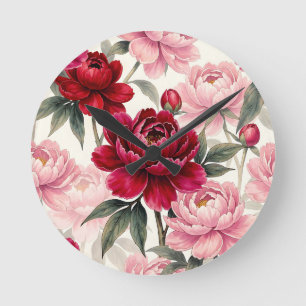 Horloge Ronde Motif aquarelle floral de pivoine rouge foncé et r