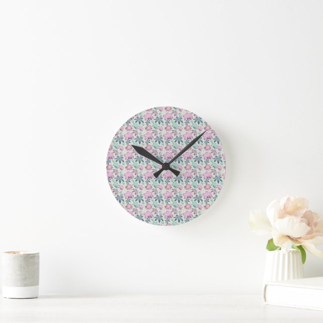 Horloge Ronde Motif aquarelle florale pastel (Maison)