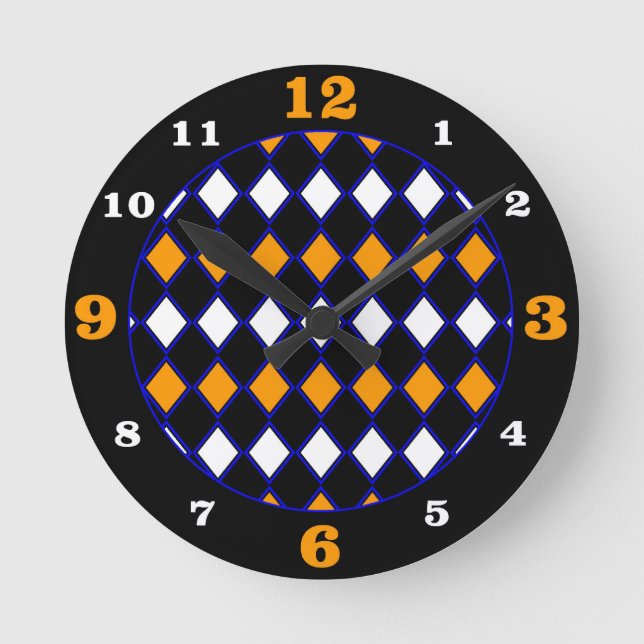 Horloge Ronde Motif Arlequin bleu et orange (Recto)