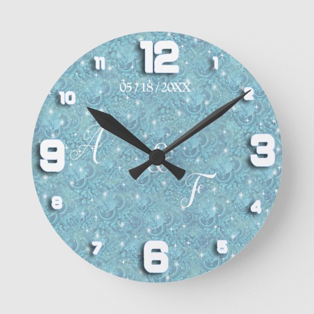 Horloge Ronde Motif bleu soyeux et étincelles blanches (Recto)