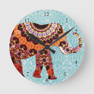 Horloge Ronde Motif coloré sauvage d'éléphant de Boho