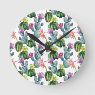 Horloge Ronde Motif d'art de cactus d'aquarelle
