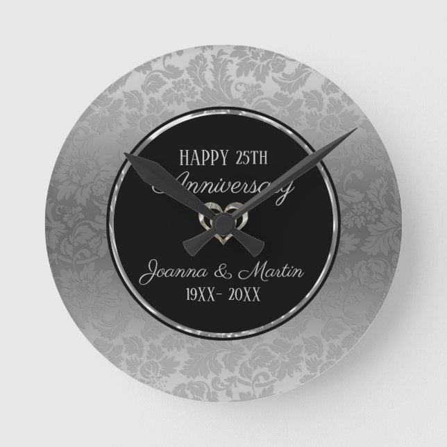 Horloge Ronde Motif de Damas Gradient Argent Anniversaire (Recto)