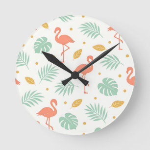 Horloge Ronde Motif de feuille tropicale flamant corail