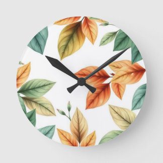 Horloge Ronde Motif de feuilles décoratif élégant à l'aquarelle