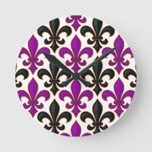 Horloge Ronde Motif de fleur de lis baroque noir violet 