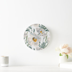 Horloge Ronde Motif de fleurs de pavot blanc de Californie