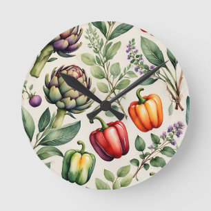 Horloge Ronde Motif de jardin potager à l'aquarelle