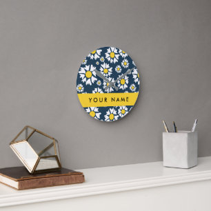 Horloge Ronde Motif de marguerite, marguerites blanches, Votre n