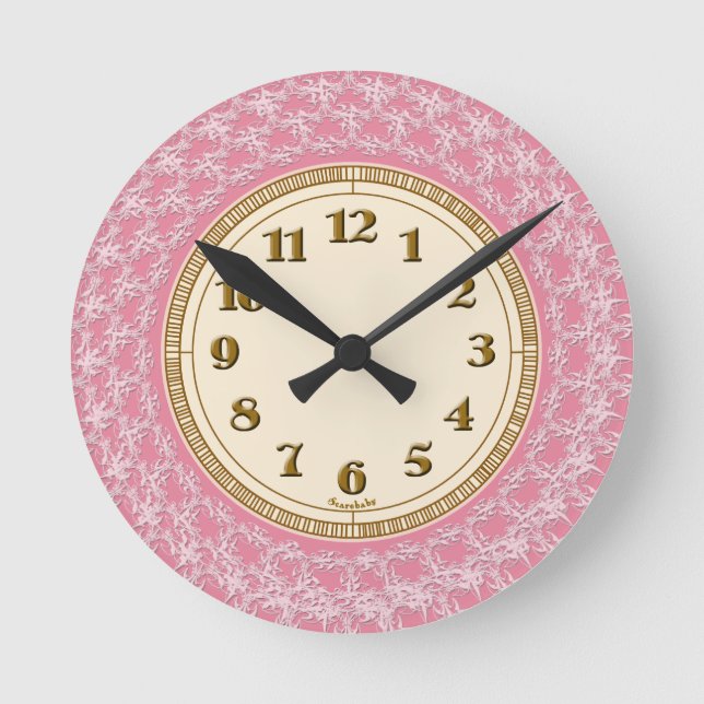 Horloge Ronde Motif dentelle rose, blanche et or (Recto)