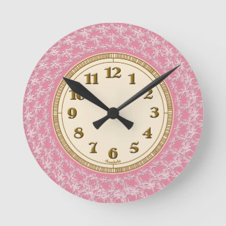 Horloge Ronde Motif dentelle rose, blanche et or