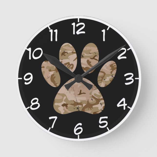 Horloge Ronde Motif empreinte de patte de chien camouflage déser (Recto)