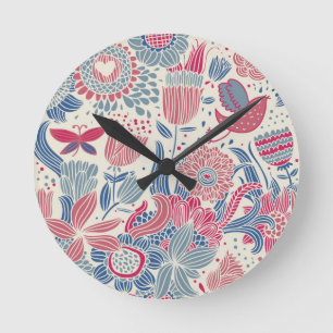 Horloge Ronde Motif floral avec l'oiseau et le papillon