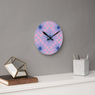Horloge Ronde Motif Floral Bleu Violet Pastel Esthétique Sans Co