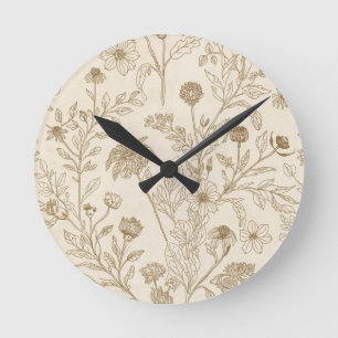Horloge Ronde Motif floral de dessin au trait botanique sépia an