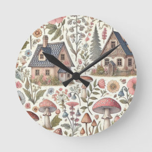Horloge Ronde Motif floral et champignon Cottagecore