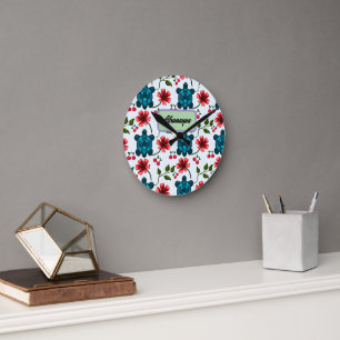 Horloge Ronde Motif floral personnalisé Tortue Tropicale Cerise 