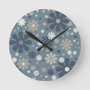 Horloge Ronde Motif floral rétro en bleu acier