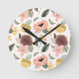 Horloge Ronde Motif floral sans couture pastel à l'aquarelle D