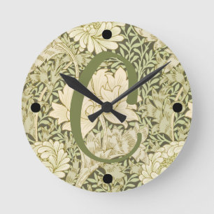 Horloge Ronde Motif floral vert design WM Morris Monogramme