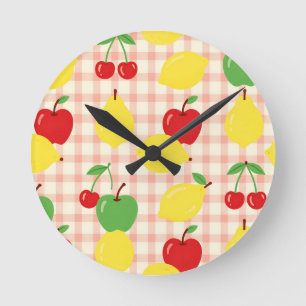 Horloge Ronde Motif Gingham de Fruits Mignons