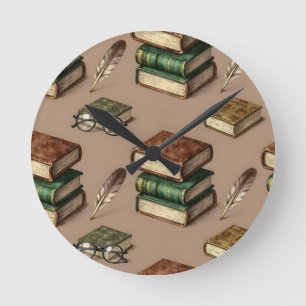 Horloge Ronde Motif Livres Anciens Plumes Lunettes