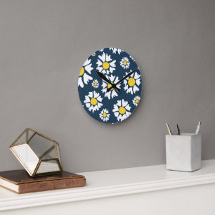Horloge Ronde Motif marguerrier, motif floral, marguerites blanc