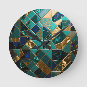 Horloge Ronde Motif mosaïque géométrique doré sarcelle de luxe