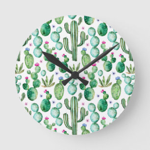 Horloge Ronde Motif Plante de Cactus d'aquarelle
