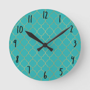 Horloge Ronde Motif Quatrefoil turquoise et Gold